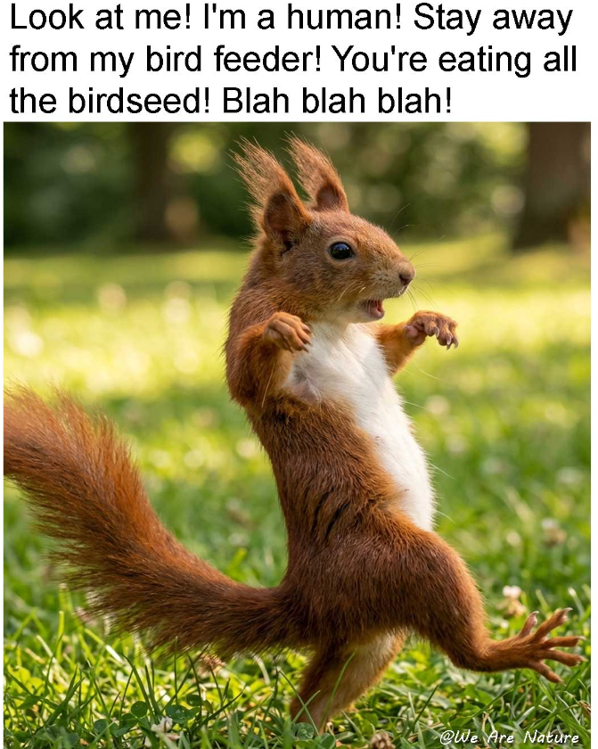 Look at me! I'm a human! Stay away from my bird feeder! You're eating all the birdseed! Blah blah blah! @We Are Nature