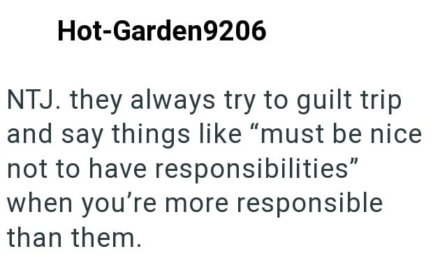 Hot-Garden9206 NTJ. they always try to guilt trip and say things like "must be nice not to have responsibilities" when you're more responsible than them.