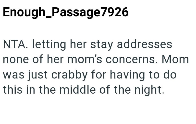 Enough_Passage7926 NTA. letting her stay addresses none of her mom's concerns. Mom was just crabby for having to do this in the middle of the night.