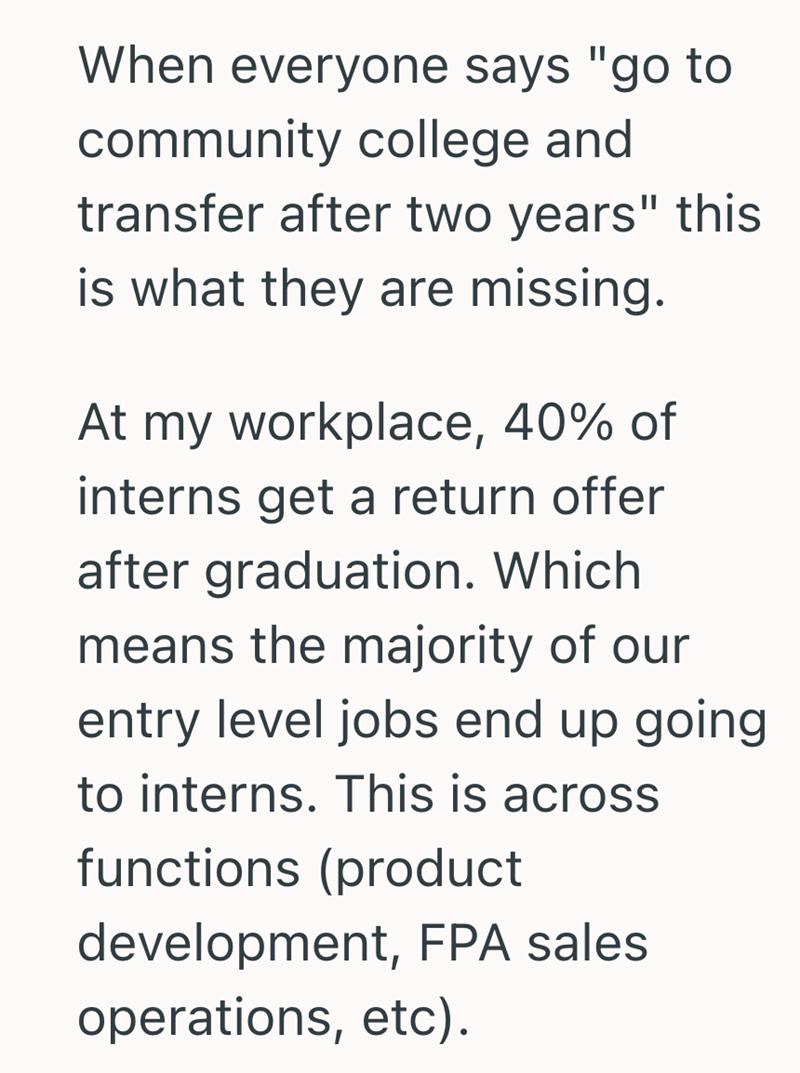 When everyone says "go to community college and transfer after two years" this is what they are missing. At my workplace, 40% of interns get a return offer after graduation. Which means the majority of our entry level jobs end up going to interns. This is across functions (product development, FPA sales operations, etc).