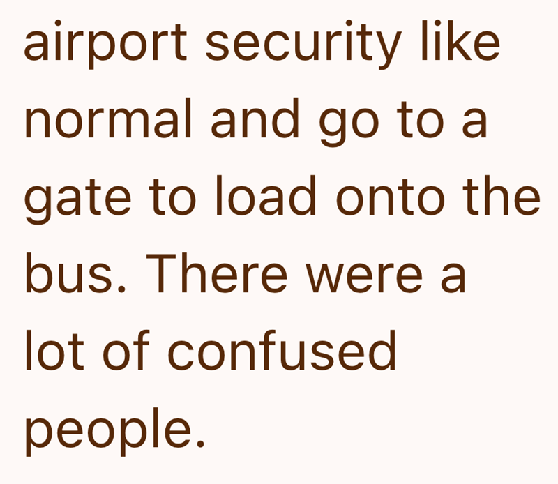 airport security like normal and go to a gate to load onto the bus. There were a lot of confused people.