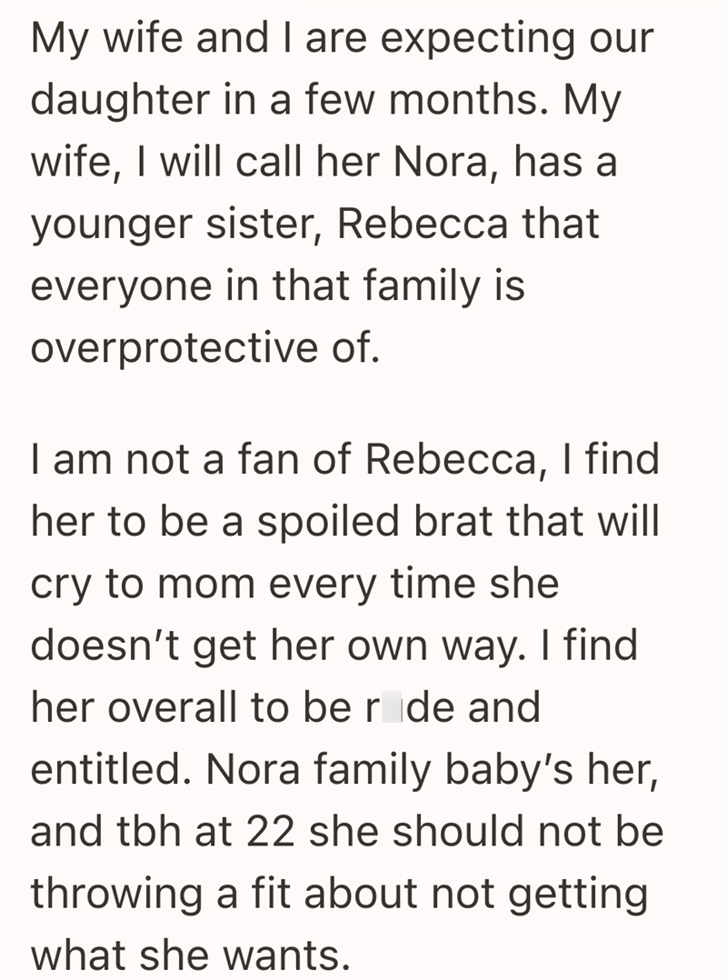 My wife and I are expecting our daughter in a few months. My wife, I will call her Nora, has a younger sister, Rebecca that everyone in that family is overprotective of. I am not a fan of Rebecca, I find her to be a spoiled brat that will cry to mom every time she doesn't get her own way. I find her overall to be r de and entitled. Nora family baby's her, and tbh at 22 she should not be throwing a fit about not getting what she wants.