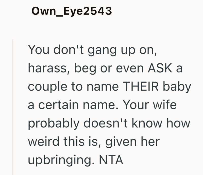 Own_Eye2543 You don't gang up on, harass, beg or even ASK a couple to name THEIR baby a certain name. Your wife probably doesn't know how weird this is, given her upbringing. NTA
