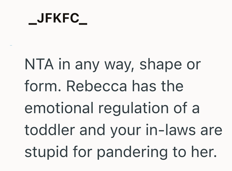 _JFKFC_ NTA in any way, shape or form. Rebecca has the emotional regulation of a toddler and your in-laws are stupid for pandering to her.