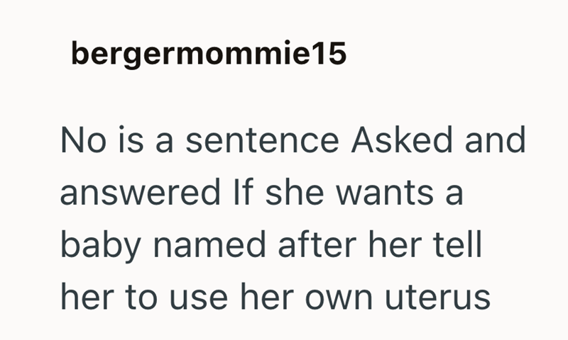 bergermommie15 No is a sentence Asked and answered If she wants a baby named after her tell her to use her own uterus