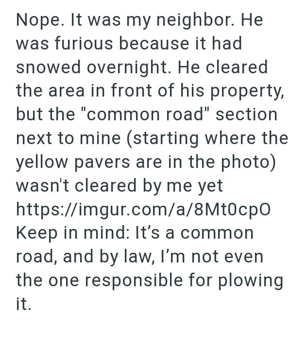 Nope. It was my neighbor. He was furious because it had snowed overnight. He cleared the area in front of his property, but the "common road" section next to mine (starting where the yellow pavers are in the photo) wasn't cleared by me yet https://imgur.com/a/8Mt0cpO Keep in mind: It's a common road, and by law, I'm not even the one responsible for plowing it.