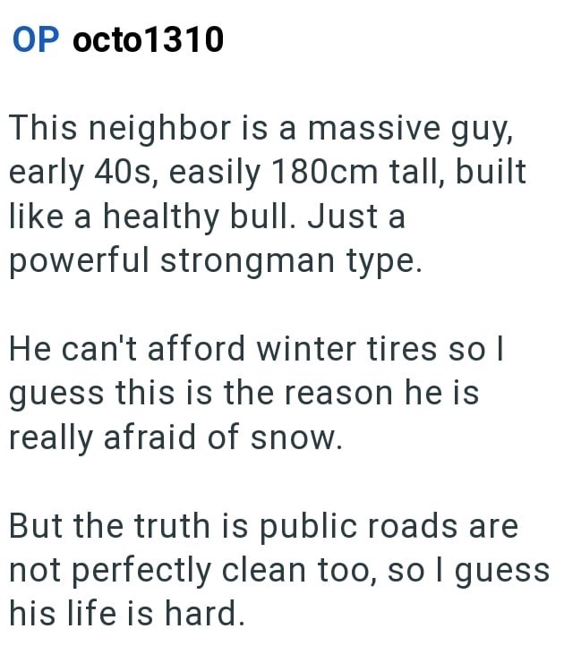 OP octo1310 This neighbor is a massive guy, early 40s, easily 180cm tall, built like a healthy bull. Just a powerful strongman type. He can't afford winter tires sol guess this is the reason he is really afraid of snow. But the truth is public roads are not perfectly clean too, so I guess his life is hard.