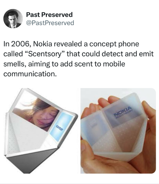 Past Preserved @PastPreserved In 2006, Nokia revealed a concept phone called "Scentsory" that could detect and emit smells, aiming to add scent to mobile communication. NOKIA SCENTSORY