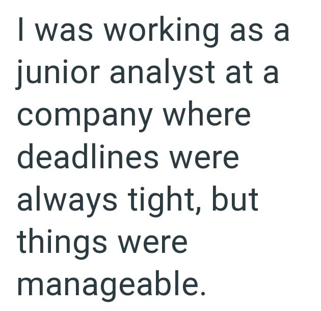 I was working as a junior analyst at a company where deadlines were always tight, but things were manageable.