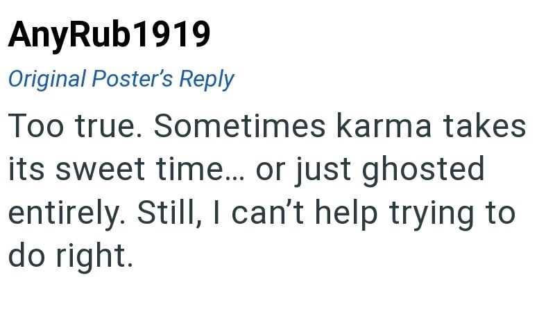 AnyRub1919 Original Poster's Reply Too true. Sometimes karma takes its sweet time... or just ghosted entirely. Still, I can't help trying to do right.
