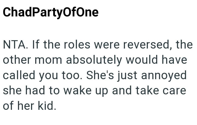 ChadPartyOfOne NTA. If the roles were reversed, the other mom absolutely would have called you too. She's just annoyed she had to wake up and take care of her kid.