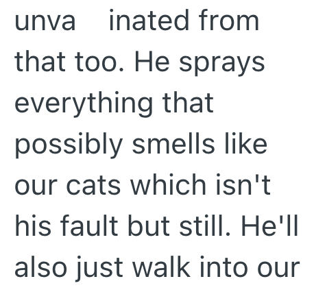 unva inated from that too. He sprays everything that possibly smells like our cats which isn't his fault but still. He'll also just walk into our