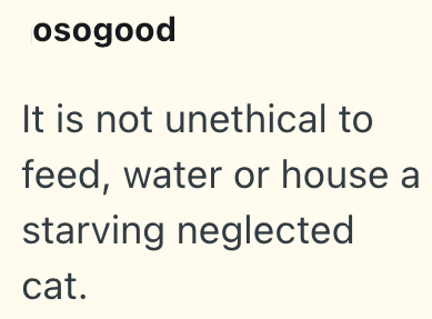 osogood It is not unethical to feed, water or house a starving neglected cat.