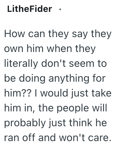 LitheFider. How can they say they own him when they literally don't seem to be doing anything for him?? I would just take him in, the people will probably just think he ran off and won't care.