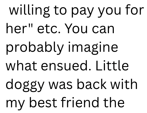 willing to pay you for her" etc. You can probably imagine what ensued. Little doggy was back with my best friend the