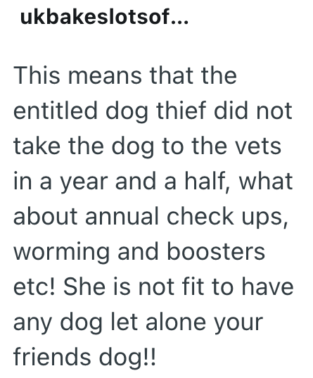 ukbakeslotsof... This means that the entitled dog thief did not take the dog to the vets in a year and a half, what about annual check ups, worming and boosters etc! She is not fit to have any dog let alone your friends dog!!