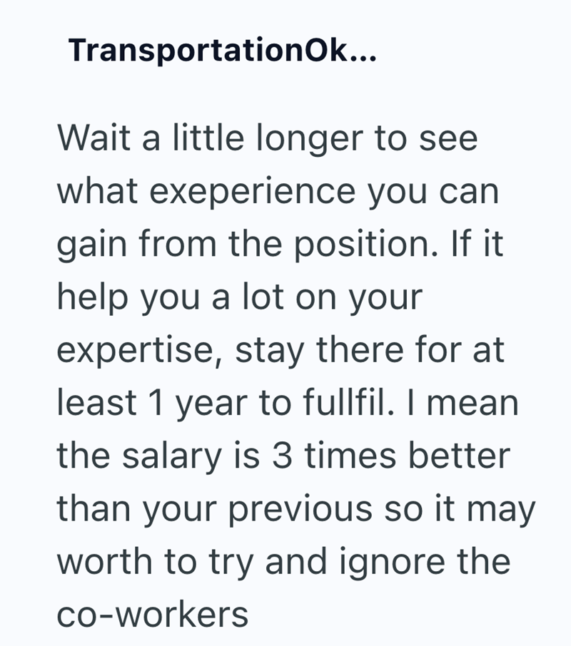 TransportationOk... Wait a little longer to see what exeperience you can gain from the position. If it help you a lot on your expertise, stay there for at least 1 year to fullfil. I mean the salary is 3 times better than your previous so it may worth to try and ignore the co-workers