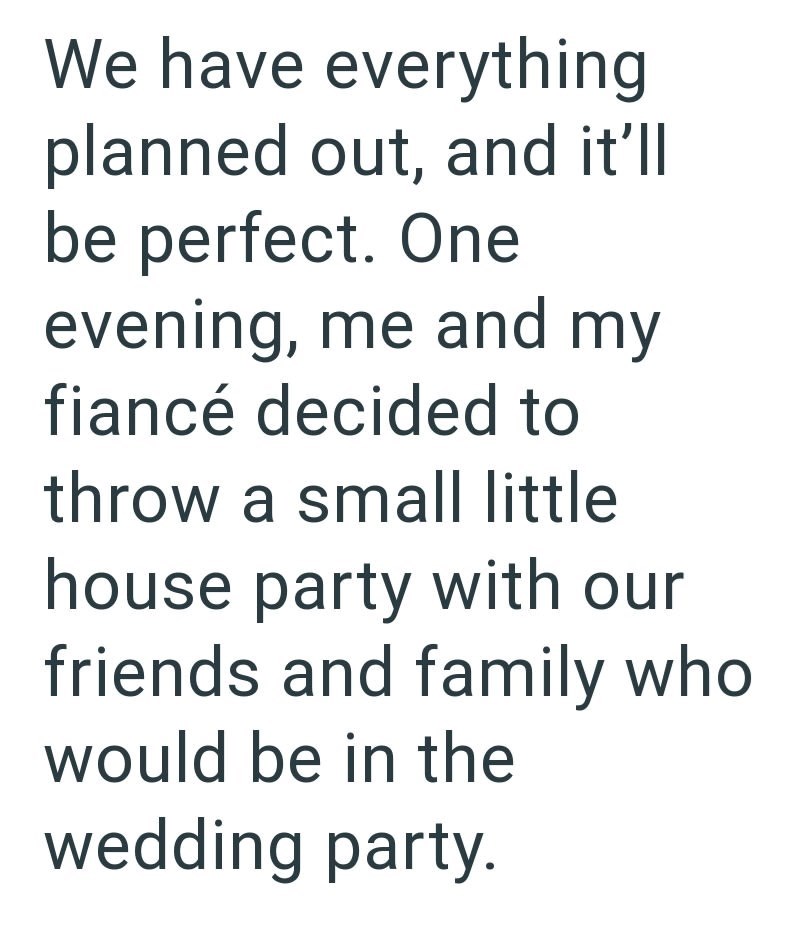 We have everything planned out, and it'll be perfect. One evening, me and my fiancé decided to throw a small little house party with our friends and family who would be in the wedding party.