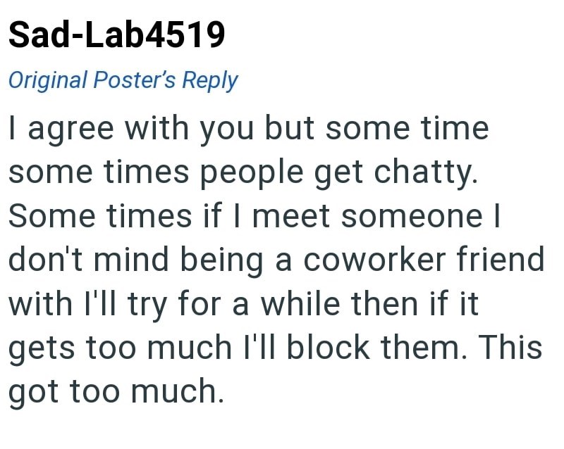 Sad-Lab4519 Original Poster's Reply I agree with you but some time some times people get chatty. Some times if I meet someone I don't mind being a coworker friend with I'll try for a while then if it gets too much I'll block them. This got too much.