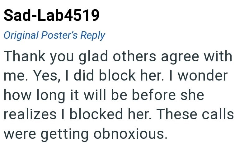 Sad-Lab4519 Original Poster's Reply Thank you glad others agree with me. Yes, I did block her. I wonder how long it will be before she realizes I blocked her. These calls were getting obnoxious.