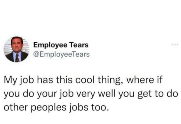 Employee Tears @EmployeeTears My job has this cool thing, where if you do your job very well you get to do other peoples jobs too.