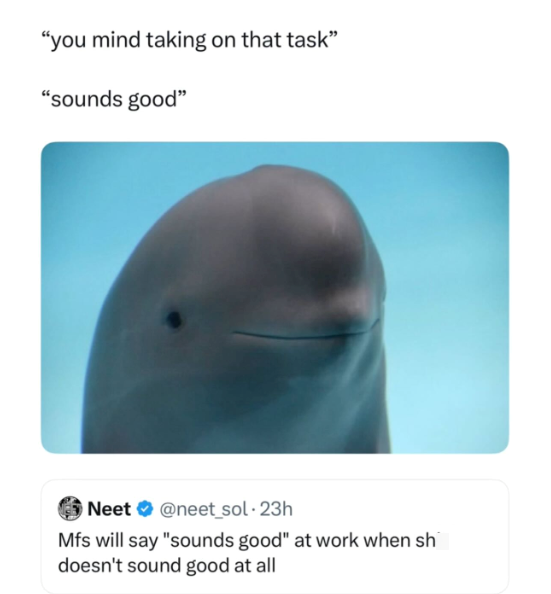 "you mind taking on that task" "sounds good" Neet @neet_sol. 23h Mfs will say "sounds good" at work when sh doesn't sound good at all