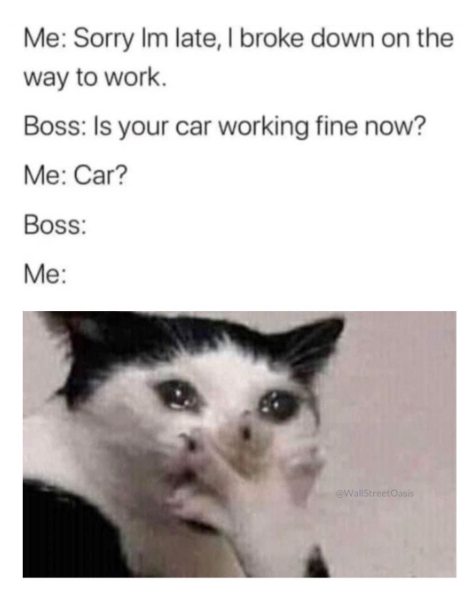 Me: Sorry Im late, I broke down on the way to work. Boss: Is your car working fine now? Me: Car? Boss: Me: @WallStreetOasis