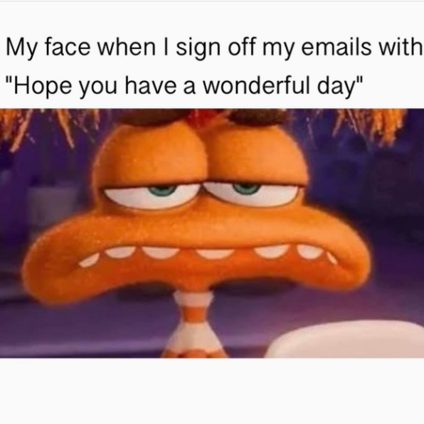 My face when I sign off my emails with "Hope you have a wonderful day"