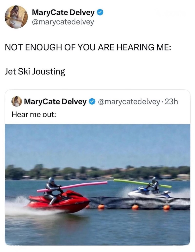 MaryCate Delvey ❤ @marycatedelvey NOT ENOUGH OF YOU ARE HEARING ME: Jet Ski Jousting MaryCate Delvey @marycatedelvey 23h Hear me out:
