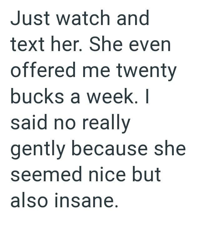 Just watch and text her. She even offered me twenty bucks a week. I said no really gently because she seemed nice but also insane.