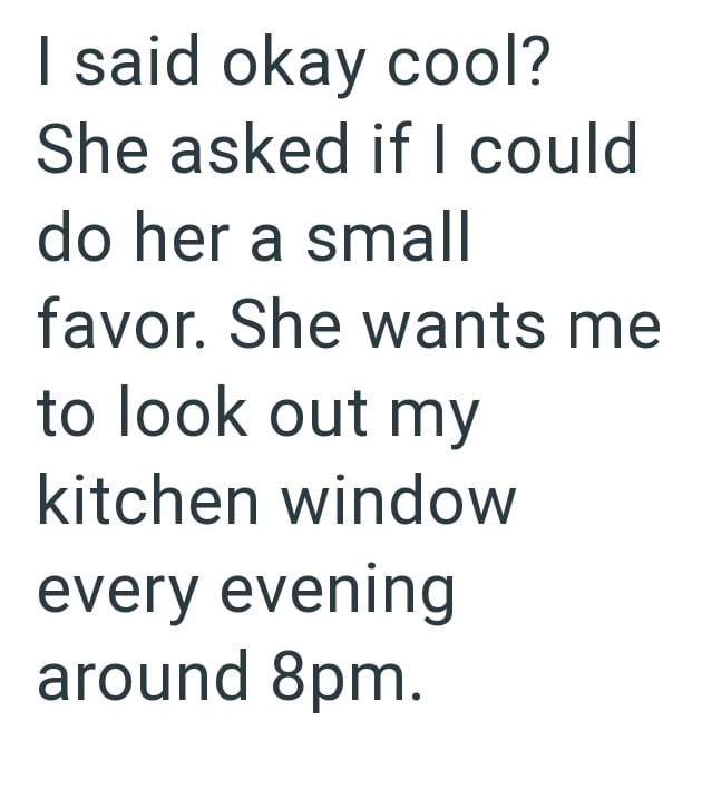 I said okay cool? She asked if I could do her a small favor. She wants me to look out my kitchen window every evening around 8pm.