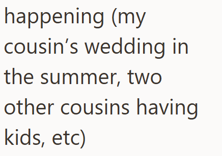 happening (my cousin's wedding in the summer, two other cousins having kids, etc)
