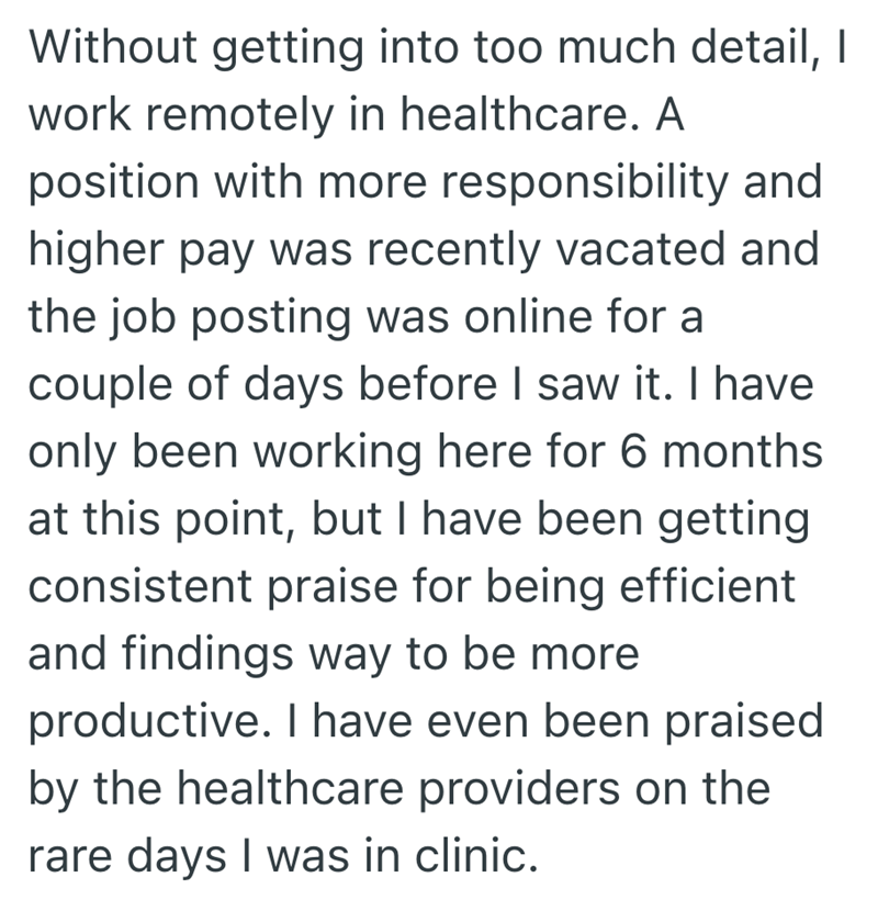 Without getting into too much detail, I work remotely in healthcare. A position with more responsibility and higher pay was recently vacated and the job posting was online for a couple of days before I saw it. I have only been working here for 6 months at this point, but I have been getting consistent praise for being efficient and findings way to be more productive. I have even been praised by the healthcare providers on the rare days I was in clinic.