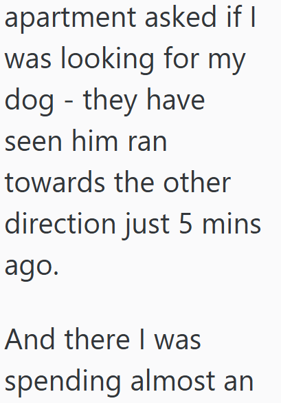 apartment asked if I was looking for my dog - they have seen him ran towards the other direction just 5 mins ago. And there I was spending almost an