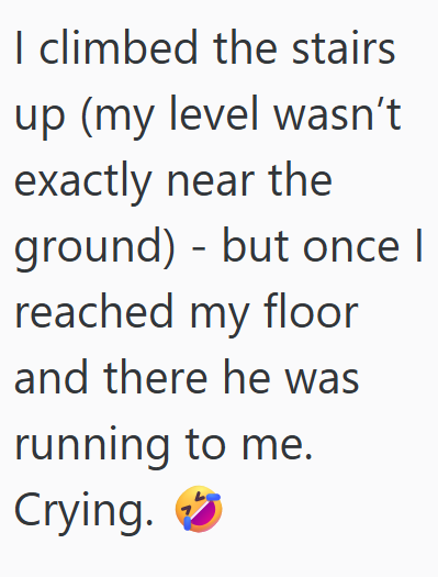 I climbed the stairs up (my level wasn't exactly near the ground) - but once I reached my floor and there he was running to me. Crying.