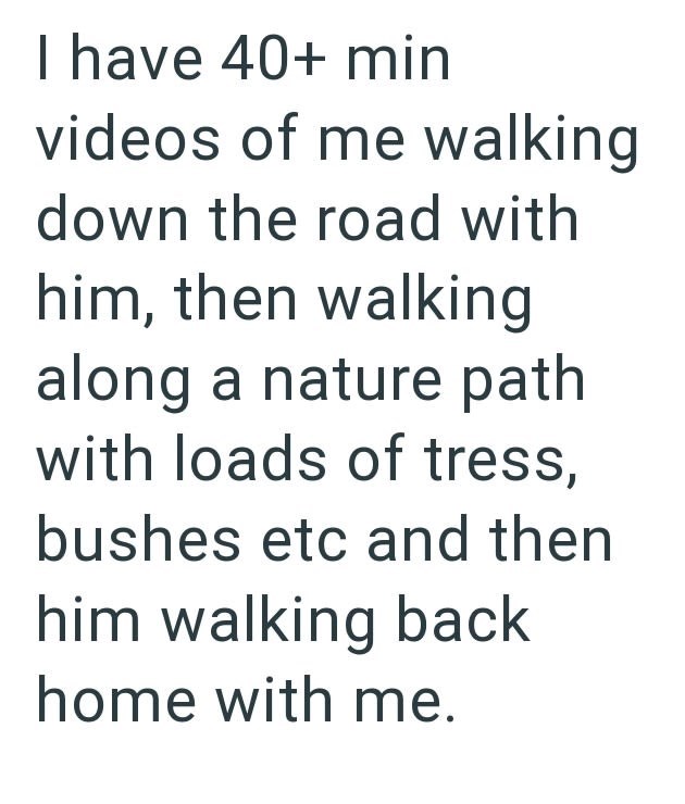 I have 40+ min videos of me walking down the road with him, then walking along a nature path with loads of tress, bushes etc and then him walking back home with me.