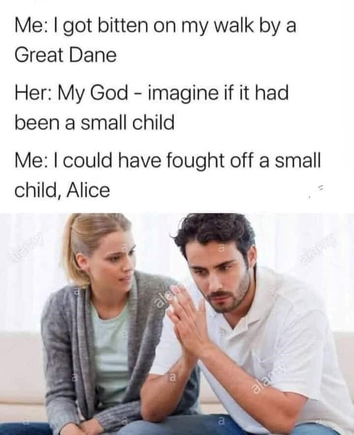 Me: I got bitten on my walk by a Great Dane - Her: My God imagine if it had been a small child Me: I could have fought off a small child, Alice hay B a alemy atang a alamy