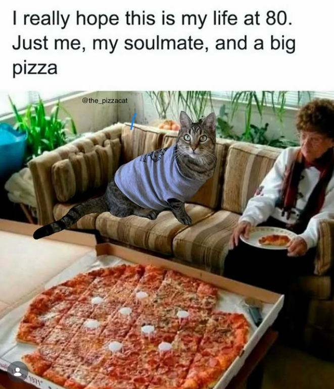 I really hope this is my life at 80. Just me, my soulmate, and a big pizza 1971 @the_pizzacat