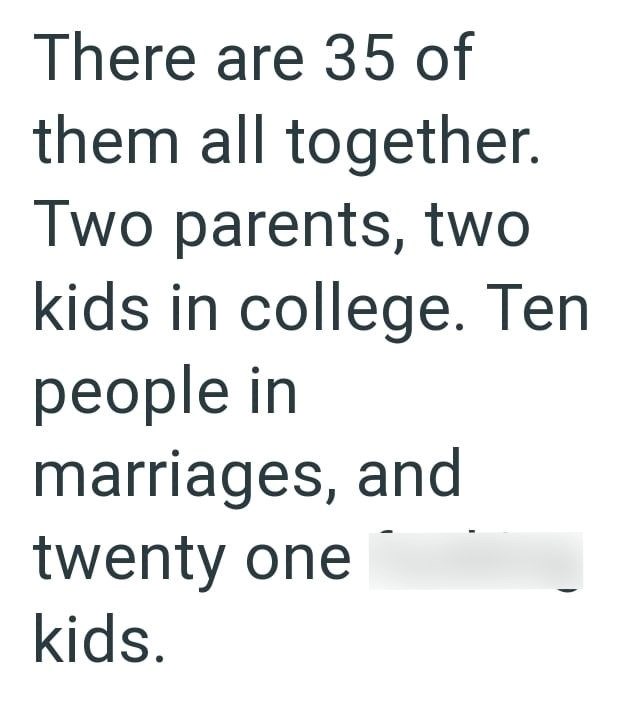 There are 35 of them all together. Two parents, two kids in college. Ten people in marriages, and twenty one kids.