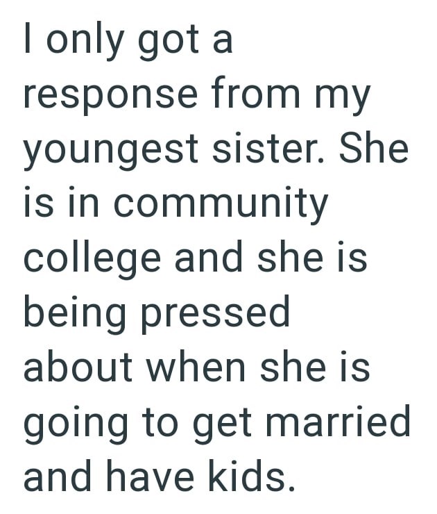 I only got a response from my youngest sister. She is in community college and she is being pressed about when she is going to get married and have kids.