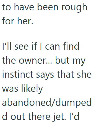 to have been rough for her. I'll see if I can find the owner... but my instinct says that she was likely abandoned/dumped d out there jet. I'd