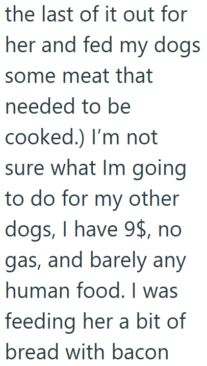 the last of it out for her and fed my dogs some meat that needed to be cooked.) I'm not sure what Im going to do for my other dogs, I have 9$, no gas, and barely any human food. I was feeding her a bit of bread with bacon