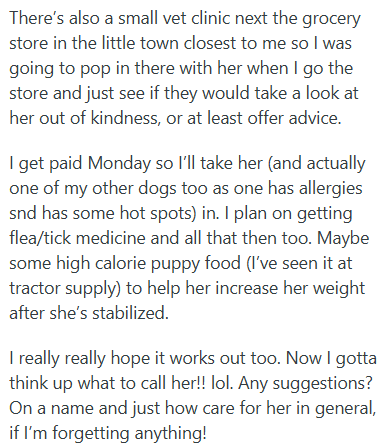 There's also a small vet clinic next the grocery store in the little town closest to me so I was going to pop in there with her when I go the store and just see if they would take a look at her out of kindness, or at least offer advice. I get paid Monday so I'll take her (and actually one of my other dogs too as one has allergies snd has some hot spots) in. I plan on getting flea/tick medicine and all that then too. Maybe some high calorie puppy food (I've seen it at tractor supply) to help her