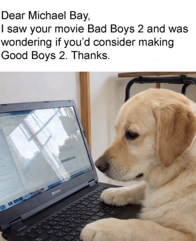 Dear Michael Bay, I saw your movie Bad Boys 2 and was wondering if you'd consider making Good Boys 2. Thanks. Reecco