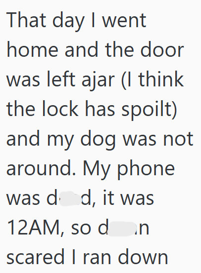 That day I went home and the door was left ajar (I think the lock has spoilt) and my dog was not around. My phone was dod, it was 12AM, so don scared I ran down