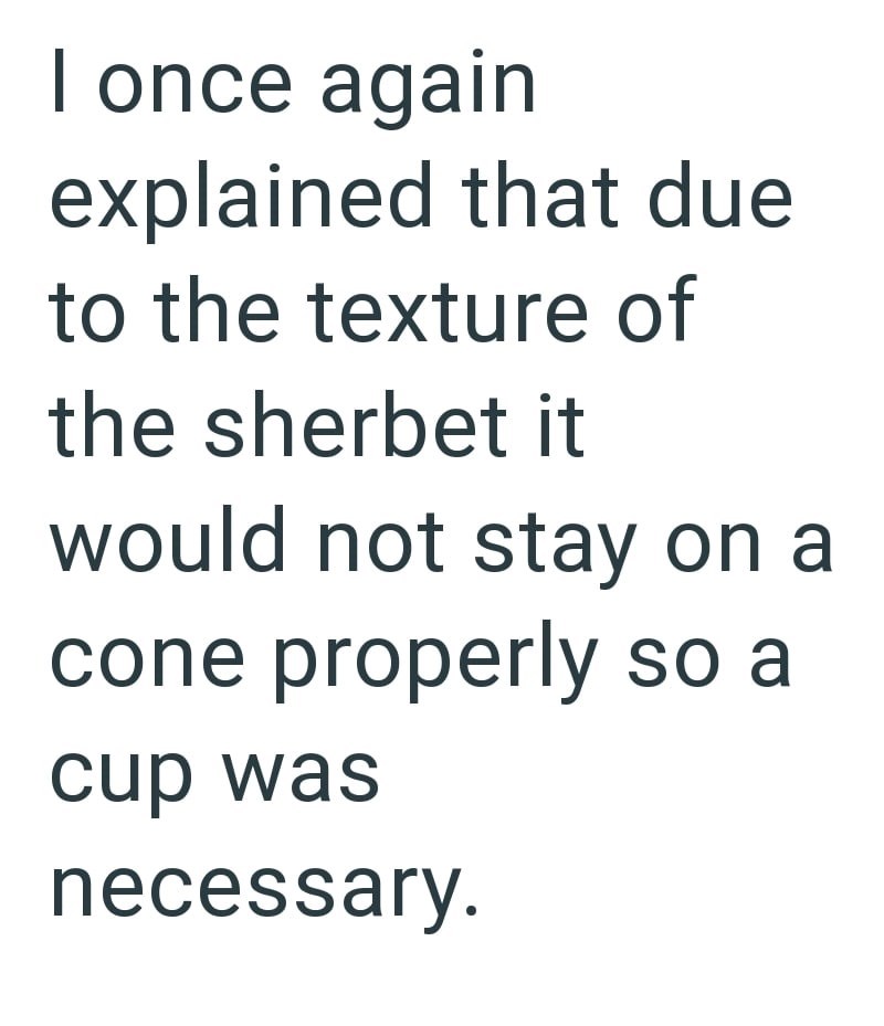 I once again explained that due to the texture of the sherbet it would not stay on a cone properly so a cup was necessary.
