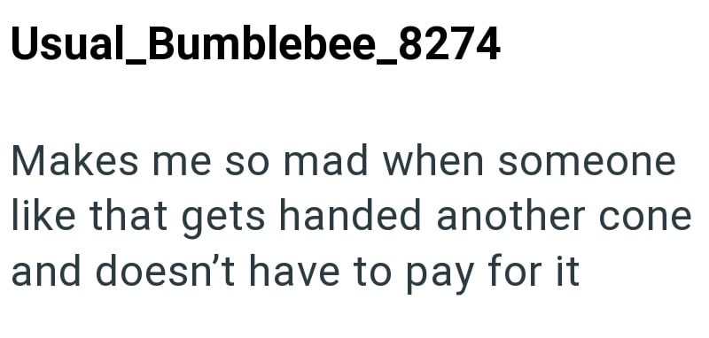 Usual_Bumblebee_8274 Makes me so mad when someone like that gets handed another cone and doesn't have to pay for it