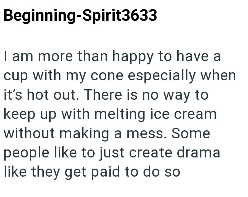 Beginning-Spirit3633 I am more than happy to have a cup with my cone especially when it's hot out. There is no way to keep up with melting ice cream without making a mess. Some people like to just create drama like they get paid to do so