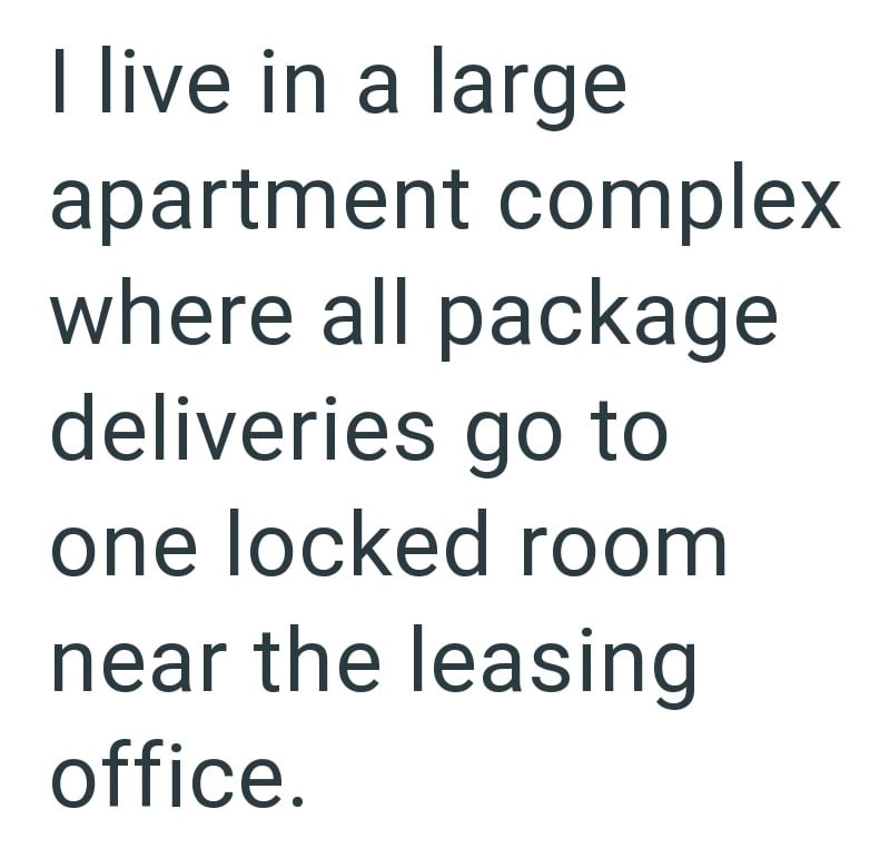 I live in a large apartment complex where all package deliveries go to one locked room near the leasing office.