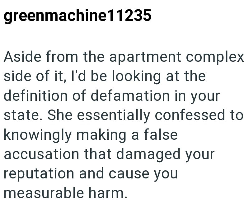 greenmachine11235 Aside from the apartment complex side of it, I'd be looking at the definition of defamation in your state. She essentially confessed to knowingly making a false accusation that damaged your reputation and cause you measurable harm.